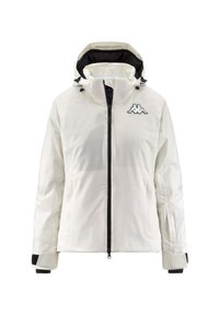 Giacca impermeabile bianca con zip nera e logo Kappa. Presenta un cappuccio e polsini elastici per una vestibilità regolabile. Texture liscia, senza motivi.