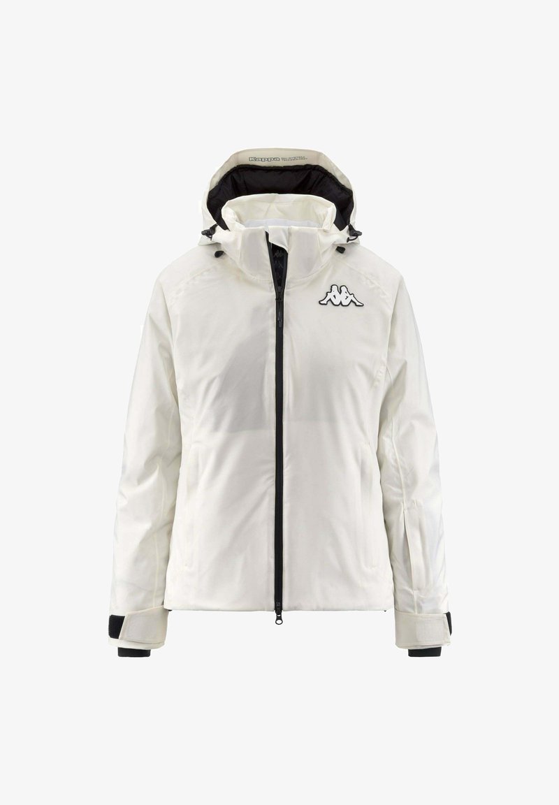 Giacca impermeabile bianca con zip nera e logo Kappa. Presenta un cappuccio e polsini elastici per una vestibilità regolabile. Texture liscia, senza motivi.
