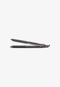 Lisseur à cheveux noir au design épuré, avec un accent rose gold le long de la charnière et une surface lisse et plate pour le coiffage.