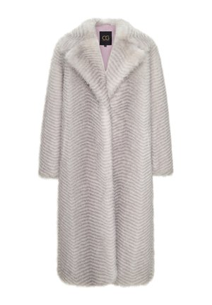 Lungo cappotto grigio chiaro con un motivo a zigzag, realizzato in materiale morbido e peloso. Presenta un ampio colletto e una fodera interna liscia e rosa.