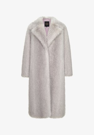 Lungo cappotto grigio chiaro con un motivo a zigzag, realizzato in materiale morbido e peloso. Presenta un ampio colletto e una fodera interna liscia e rosa.