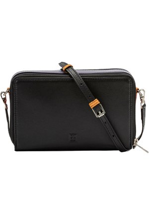 Sac en cuir noir à bandoulière avec fermeture éclair, sangle réglable et accents orange. Présente une texture lisse et un détail logo sur le devant.