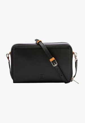 Zwarte leren schoudertas met een ritssluiting, verstelbare schouderband en oranje accenten. Beschikt over een soepele textuur en logo-detail aan de voorkant.