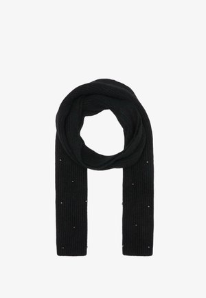 Écharpe noire en tricot avec une texture côtelée, ornée de petites touches argentées espacées uniformément sur toute sa longueur. Design doux et polyvalent.