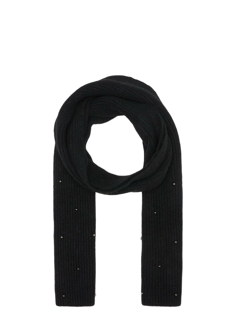 Schwarzer, gestrickter Schal mit geripptem Muster, der kleine silberne Akzente hat, die gleichmäßig entlang seiner Länge verteilt sind. Sanftes und vielseitiges Design.