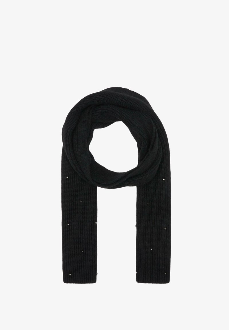 Écharpe noire en tricot avec une texture côtelée, ornée de petites touches argentées espacées uniformément sur toute sa longueur. Design doux et polyvalent.