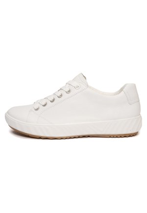White low-top sneaker with white laces, metal eyelets, textured sole, and light brown tread shown from the side on a white background.
