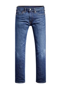 Vaqueros de denim azul ajustados con un lavado desgastado, diseño clásico de cinco bolsillos y cierre de botón. La tela parece suave con una sutil textura.