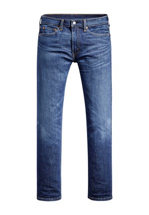 Vaqueros de denim azul ajustados con un lavado desgastado, diseño clásico de cinco bolsillos y cierre de botón. La tela parece suave con una sutil textura.