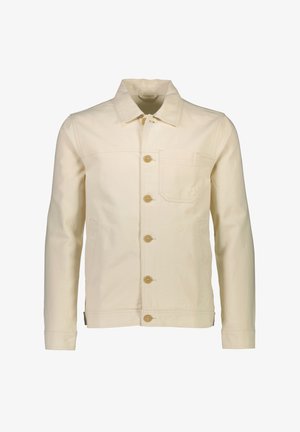 Lys beige bomuldsjakke med klassisk krave, frontlukning med knapper, brystlomme og to sidelommer. Glat tekstur og tætsiddende pasform.