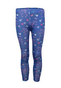 Leggings azul para niños con personajes de cerditos de dibujos animados en color rosa, un patrón de flores multicolores y mariposas.