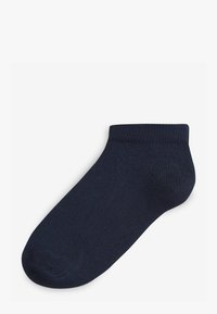 Granatowa skarpeta do kostki wykonana z przewiewnego materiału dzianinowego, z ściągaczem i gładką fakturą oraz bezszwowym palcem.