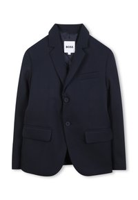 Granatowa marynarka wykonana z gładkiego materiału, z klapami z wycięciem, dwoma przednimi kieszeniami i dwoma guzikami. Zawiera metkę z napisem "BOSS."