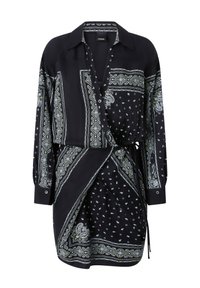 Abito nero con maniche lunghe, caratterizzato da un motivo paisley in bianco e verde. Realizzato in tessuto liscio con design avvolgente e cintura regolabile in vita.