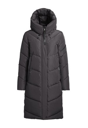 Tamsiai pilkas pūkinis paltas su gobtuvu, su užtrauktuku, šoninėmis kišenėmis ir siūtu raštu ilgo, aptampo silueto.