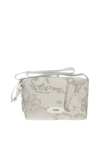 Borsa a tracolla bianca con design mappale in grigio chiaro, forma rettangolare, tessuto testurizzato, con tracolla regolabile e dettaglio del logo.