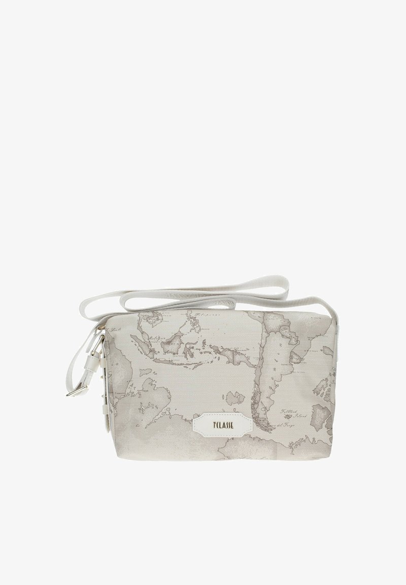 Borsa a tracolla bianca con design mappale in grigio chiaro, forma rettangolare, tessuto testurizzato, con tracolla regolabile e dettaglio del logo.