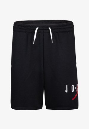 Pantalones cortos deportivos negros con cintura elástica y cordón blanco. Presenta un logotipo rojo y blanco en la parte inferior derecha. Textura suave.