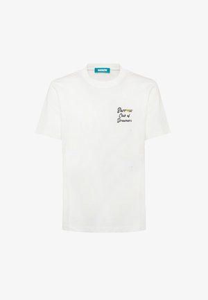 White short-sleeve T-shirt with round neck, small black text "Barrow Club of Dreamers" and yellow smiley face logo on left chest.
