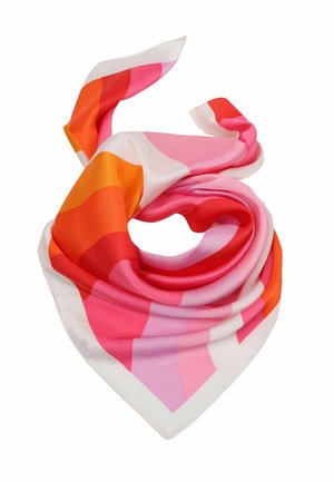 Silky square scarf with geometric color blocks in shades of pink, red, orange, and white, loosely folded on a white background.