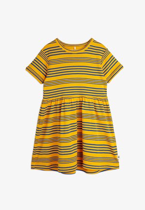 Rochie galbenă cu mânecă scurtă, având dungi orizontale albastre și galbene închise, cu fustă pliată și decolteu rotund. Material din bumbac moale.