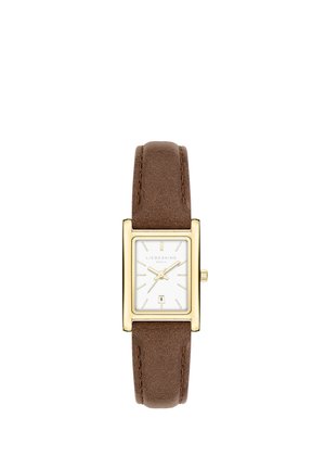 Rechteckige goldene Uhr mit weißem Zifferblatt, goldenen Stundenmarkierungen und Zeigern, Datumsfenster und braunem Lederarmband.