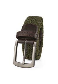 Cinturón textil trenzado verde con un lazo de cuero marrón oscuro y una hebilla metálica ovalada en acabado plateado.