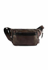 Borsa a tracolla in pelle marrone con una texture liscia, dotata di una tasca frontale con zip, tracolla regolabile e dettagli neri.