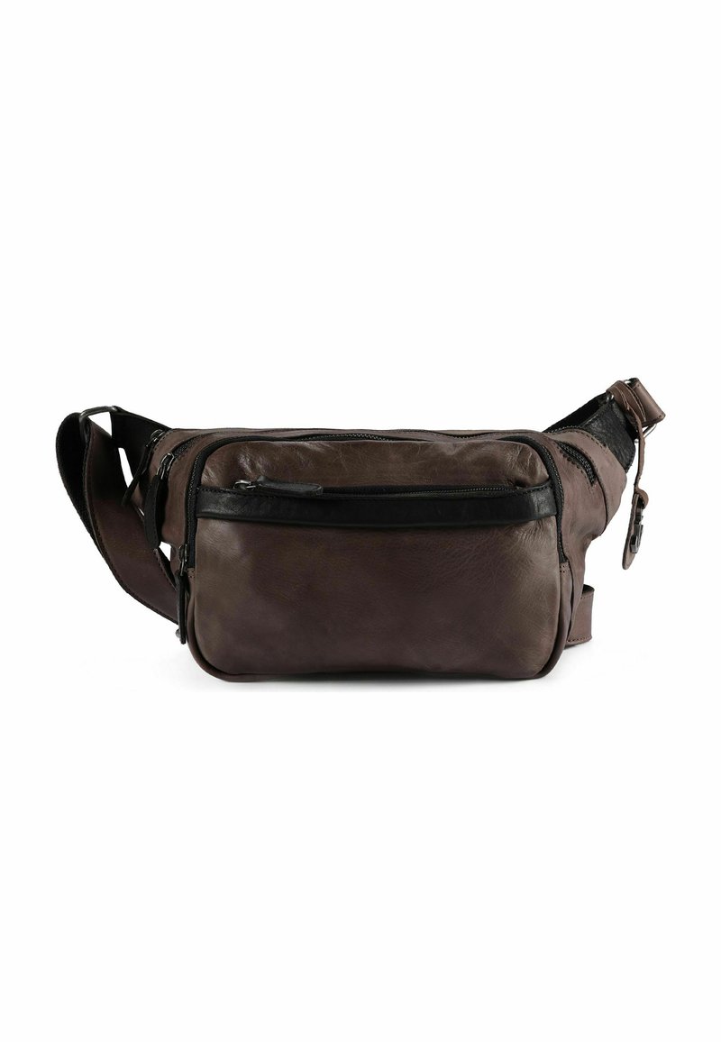 Borsa a tracolla in pelle marrone con una texture liscia, dotata di una tasca frontale con zip, tracolla regolabile e dettagli neri.