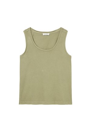 Olive green tank top made of soft fabric with a scoop neck, sleeveless design, and straight hem. Features minimal stitching details.