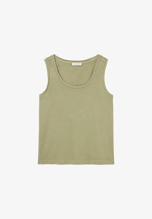 Débardeur vert olive en tissu doux avec un col rond, un design sans manches et un ourlet droit. Dispose de détails de couture minimalistes.