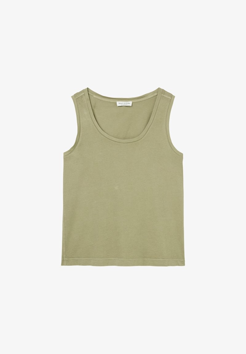 Débardeur vert olive en tissu doux avec un col rond, un design sans manches et un ourlet droit. Dispose de détails de couture minimalistes.