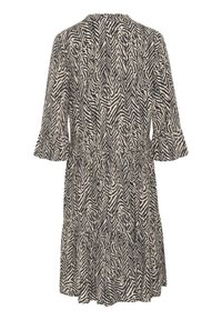 Schwarz-beige gemustertes Kleid mit einem gestuften Design, ausgestelltem Ärmel und runder Halslinie. Hergestellt aus leichtem Stoff mit strukturierter Oberfläche.