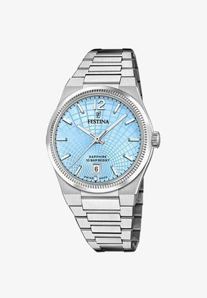 Orologio in acciaio inox argentato con quadrante blu a motivo, vetro zaffiro e display della data alle 6. Resistente all'acqua fino a 10 bar.