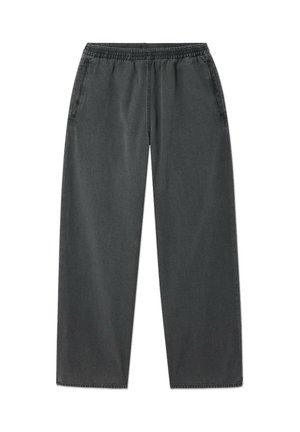 Tumši pelēki taisnleņķa bikses ar elastīgu jostu un sānu kabatām, izgatavotas no mīksta auduma.