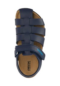 Sandalo in pelle blu caratterizzato da un design a cinghia intrecciata, chiusura regolabile in velcro e una soletta imbottita marrone chiaro con il marchio.