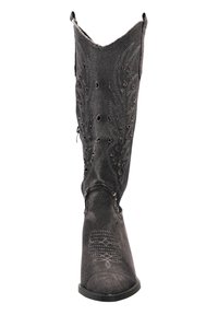 Bota alta de mezclilla negra con patrones florales bordados, zonas desgastadas y una silueta ajustada. Cuenta con una suela reforzada y cremallera lateral.