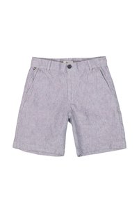 Pantalones cortos de color gris claro, fabricados con un tejido tejido con un sutil patrón de cuadros, que cuentan con bolsillos delanteros y un cierre de botón.