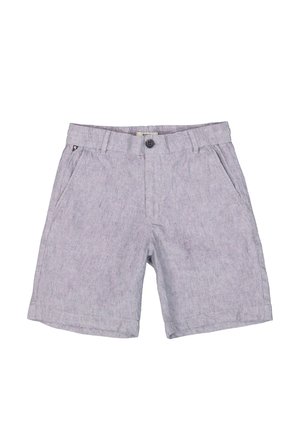 Light grey shorts made of woven fabric with a subtle check pattern, featuring front pockets and a button closure.