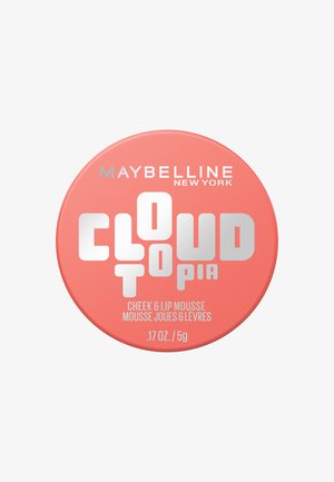 Runder, korallenfarbener Maybelline Cloud Topia Wangen- und Lippenmousse-Behälter mit silbernem und weißem Text, Produktgewicht 5g.