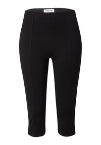 Zwarte capri leggings van rekbaar materiaal, met een hoge tailleband en een soepele textuur, zonder zichtbare patronen of versieringen.