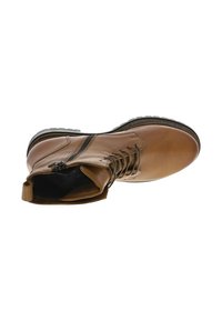 Bottine en cuir marron avec bout rond, fermeture à lacets à l'avant et fermeture éclair sur le côté. Semelle en caoutchouc robuste avec un motif texturé pour une meilleure adhérence.
