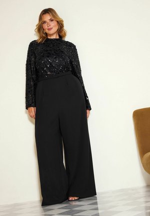 Friends Like These, PLUS SIZE FIT - FLORAL SEQUIN BELTED LONG SLEEVE JUMPSUIT - Jumpsuit - black