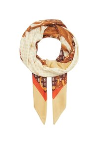 Foulard di seta con un design a motivi nelle tonalità di marrone, crema e arancione, con estremità a punta e una textura liscia.