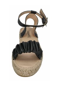 Black leather espadrille sandal with ruched upper, platform sole, jute detailing, and ankle strap fastening. Smooth inner lining.