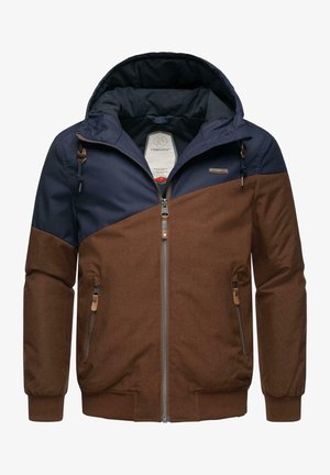 Hooded jacket with a color-block design in navy and brown, featuring a zip closure, side pockets, and contrasting fabric textures.