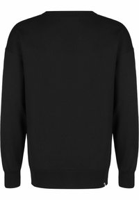Felpa nera con collo rotondo, maniche lunghe e polsini a coste. Texture liscia e design semplice senza motivi o dettagli visibili.