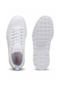 White sneakers featuring a smooth leather upper, textured sole, light blue and soft pink accents, and a padded collar for comfort.