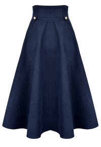 Jeansowa spódnica w ciemnoniebieskim kolorze o rozkloszowanym kształcie, z wysokim stanem i dwoma zlotymi guzikami w talii dla dodatkowego akcentu.