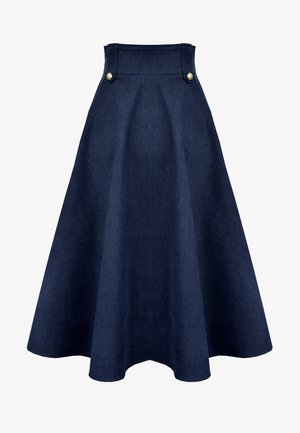 Jeansowa spódnica w ciemnoniebieskim kolorze o rozkloszowanym kształcie, z wysokim stanem i dwoma zlotymi guzikami w talii dla dodatkowego akcentu.